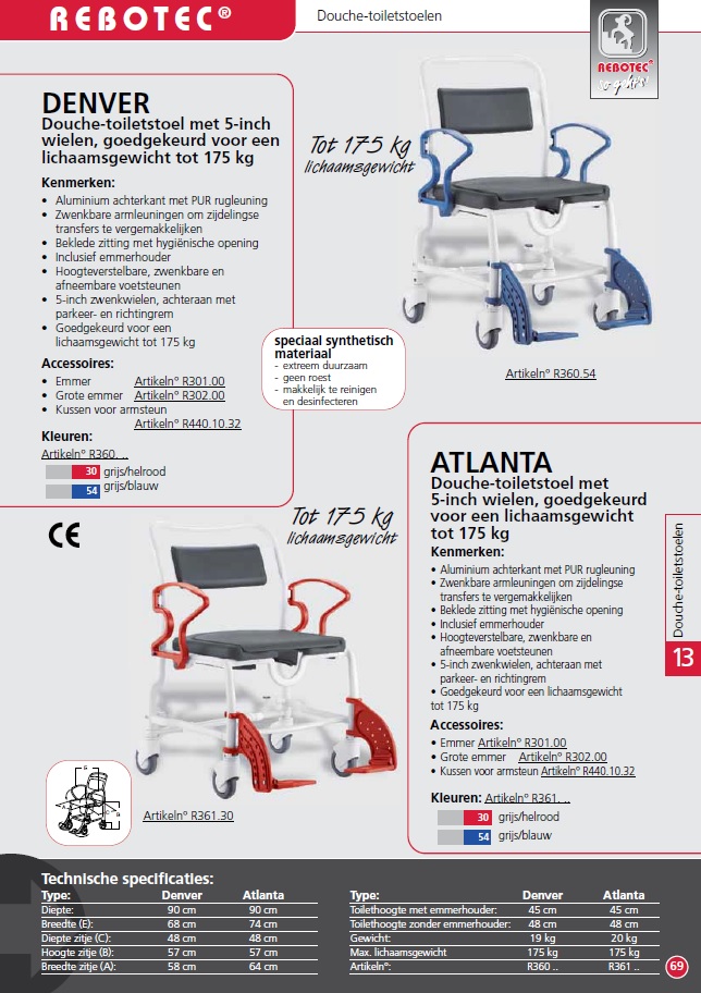 *Douche- en toiletstoel op wielen zitbreedte 64 cm tot 175 kg Atlanta